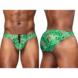 FEEL SW Men's Sporty Brief Swim Bikini - Swimmer Brief, Vibrant Tropical Leaf Design, 4-Way Stretch Polyester Microfiber, Adjustable Waistband, Handmade in Colombia with USA & Colombian Fabrics, Swimmer Men's Brief
