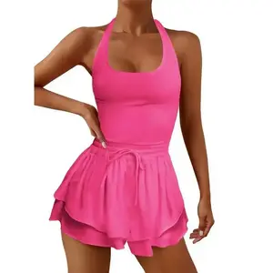 athletic dress Women Running Workout Rompers Jumpsuits Gym Yoga Clothes Athletic Solid Color Sleeveless Cross Backless Tennis Playsuits