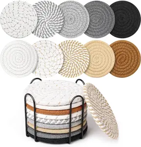 10-Piece Absorbent Coaster Set, 5 Colors with Storage Rack Woven Coaster Collection for Coffee Tables, Wooden Surfaces, Home Decor Diameter: 4.3 inches