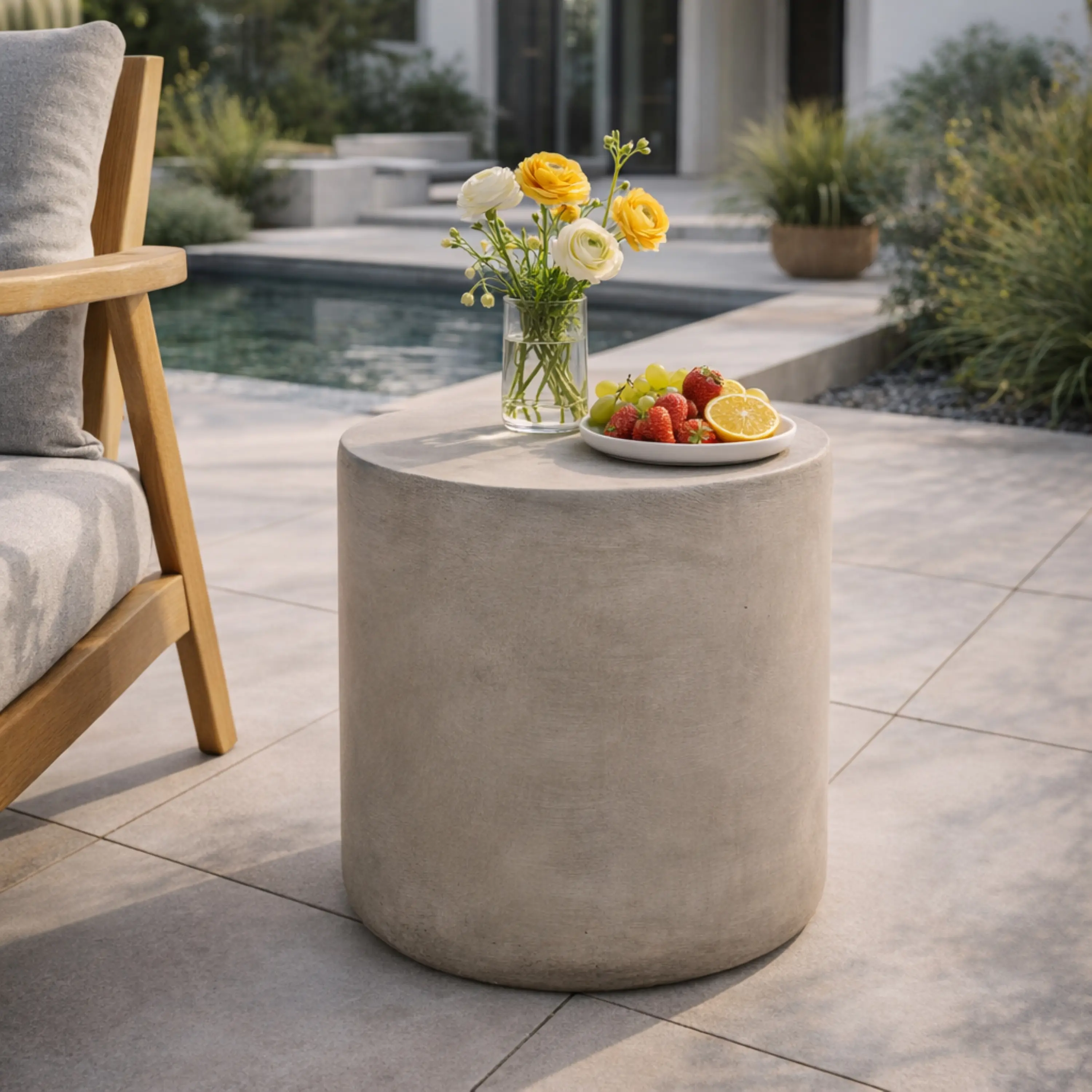 Concrete Outdoor Side Table - Modern Light Gray Cylindrical, 15.75"w x 15.75"d x 16.00"h, Lightweight, Durable, Minimalistic, Ready-to-Use Contemporary Home Garden End Table