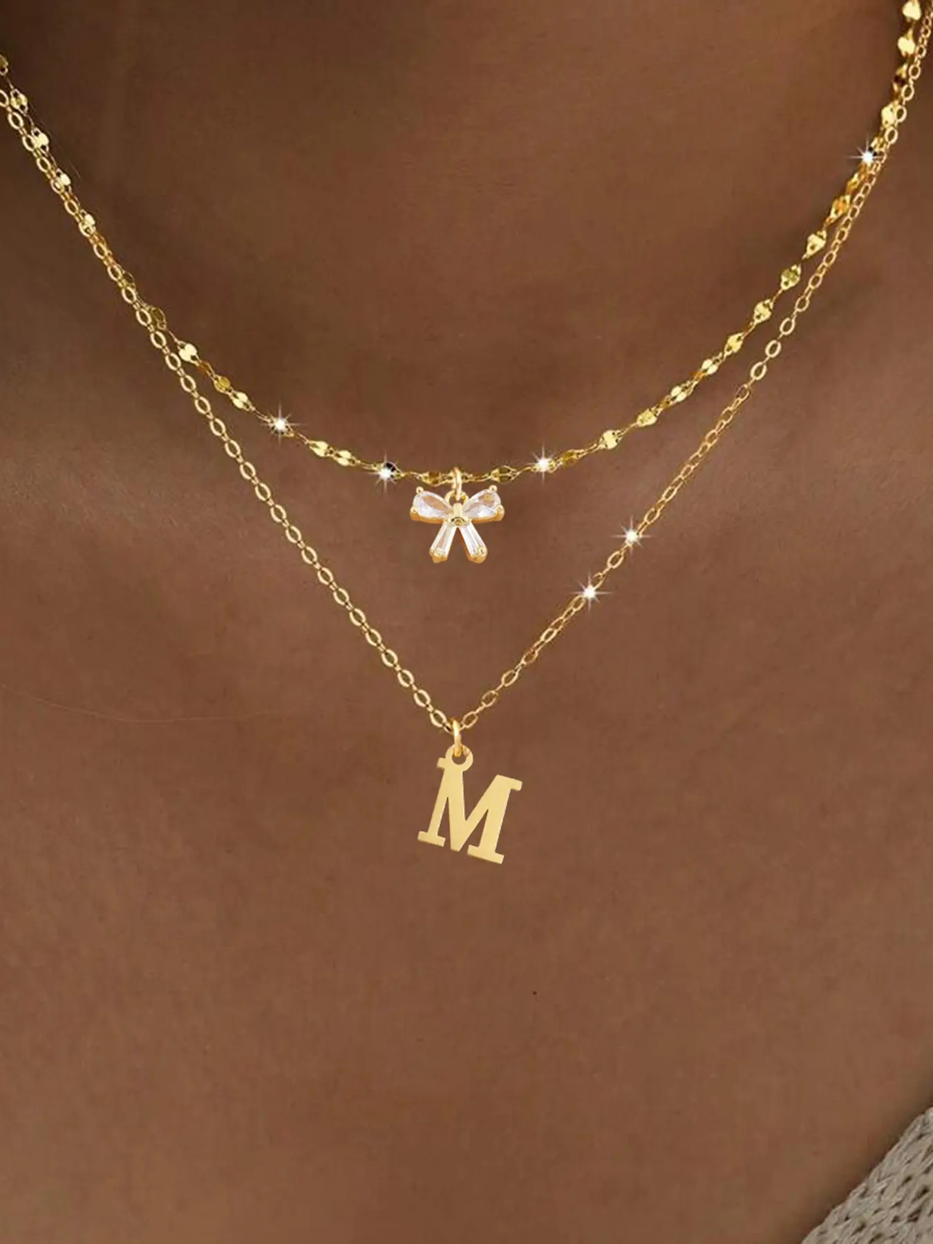 Women's Stainless Steel Bowknot Letter Pendant Necklace Set, Statement Necklace, Plated Multi-Layer Chain Jewelry, Casual All-Season Accessory
