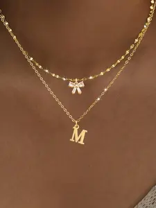 Women's Stainless Steel Bowknot Letter Pendant Necklace Set, Statement Necklace, Plated Multi-Layer Chain Jewelry, Casual All-Season Accessory