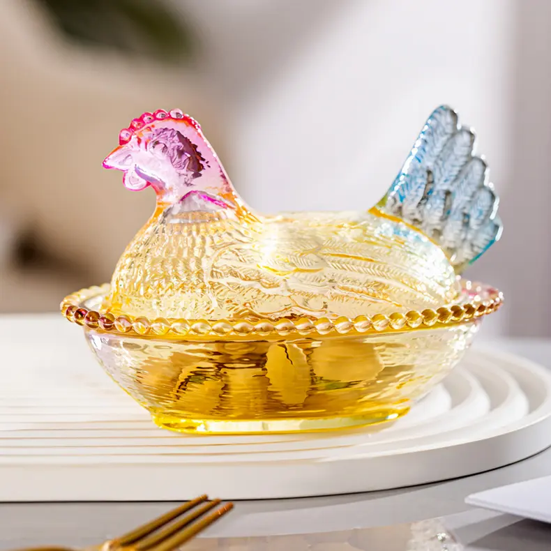 Candy-Colored Chicken Crystal Glass Storage Jar with Plate Pad - Home Organizer for Sugar, Dry Fruits, Snacks - Living Room Dining Room Decoration, Housewarming Gift