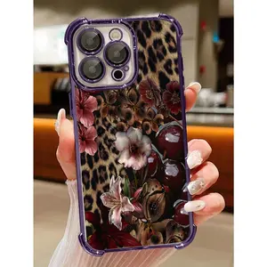 A leopard-print cherry blossom phone case featuring corner drop protection, made from transparent soft silicone material with anti-slip properties and camera lens protection. Crafted from durable silicone, compatible with iPhone 17/16/15/14/13/12/11 model