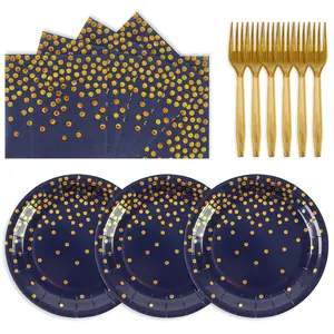 75PCS Dark Blue & Gold Dot Paper Plates and Napkins Set - Disposable Dinnerware for Birthday, Wedding, Holiday