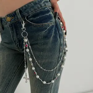 Aesthetic Layered Pants Wallet Chains | Gold Silver Rhinestone Flower Pearl Jean Pocket Charms, Unisex Streetwear Fashion Jewelry, Cute Bag Purse Decor & Valentine's Day Gift