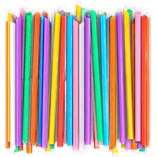 Plastic Boba Straws (300 Pcs) - Individually Wrapped 9.25"x0.4" Thick Jumbo Drink Utensils, Angled Tips, Assorted Colors, Cut-To-Size Use, Disposable for Bubble Tea, Smoothies