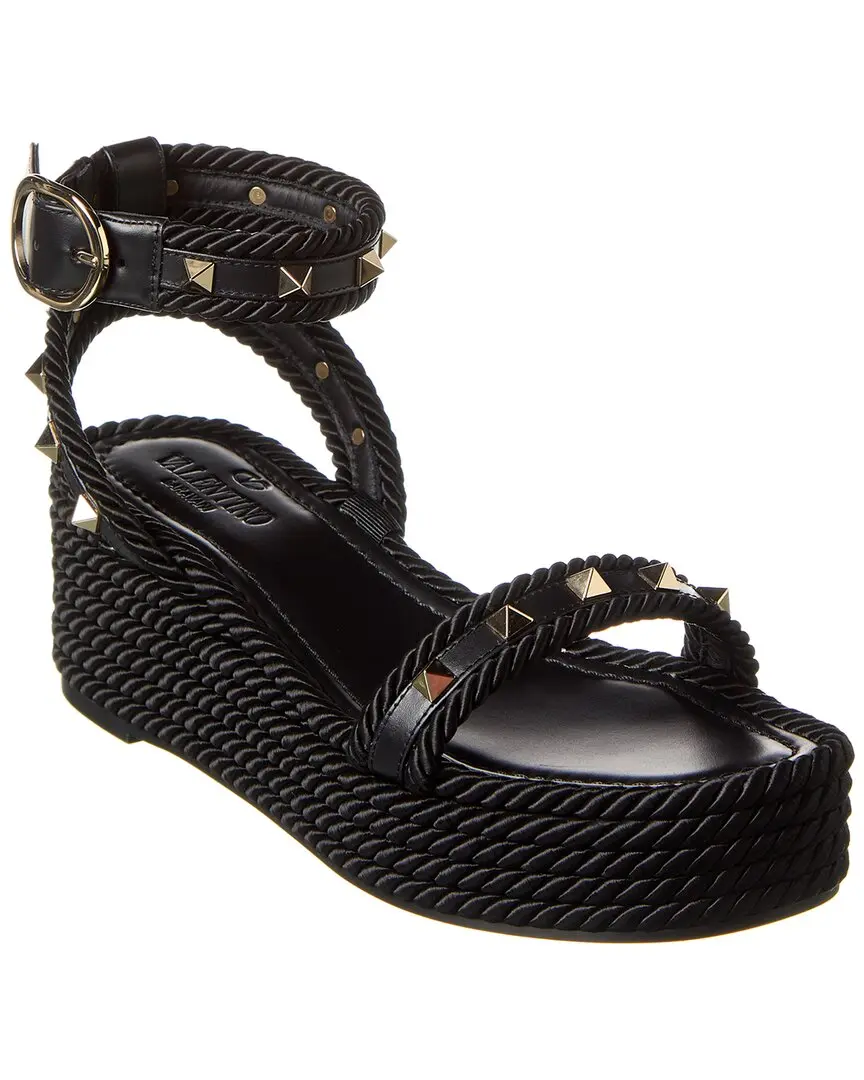 Valentino Rockstud 45 Rope & Leather Wedge Sandal