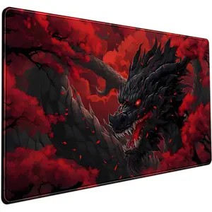 Huge Dragon Large Mouse Pad Red and Black Mousepad Red Desk Mat, Big Full Keyboard and Mouse Pad Cool Desk Pad for Keyboard Mouse with Stitched Edges Anti-Slip Funny Desk Pad, 24 X 14in