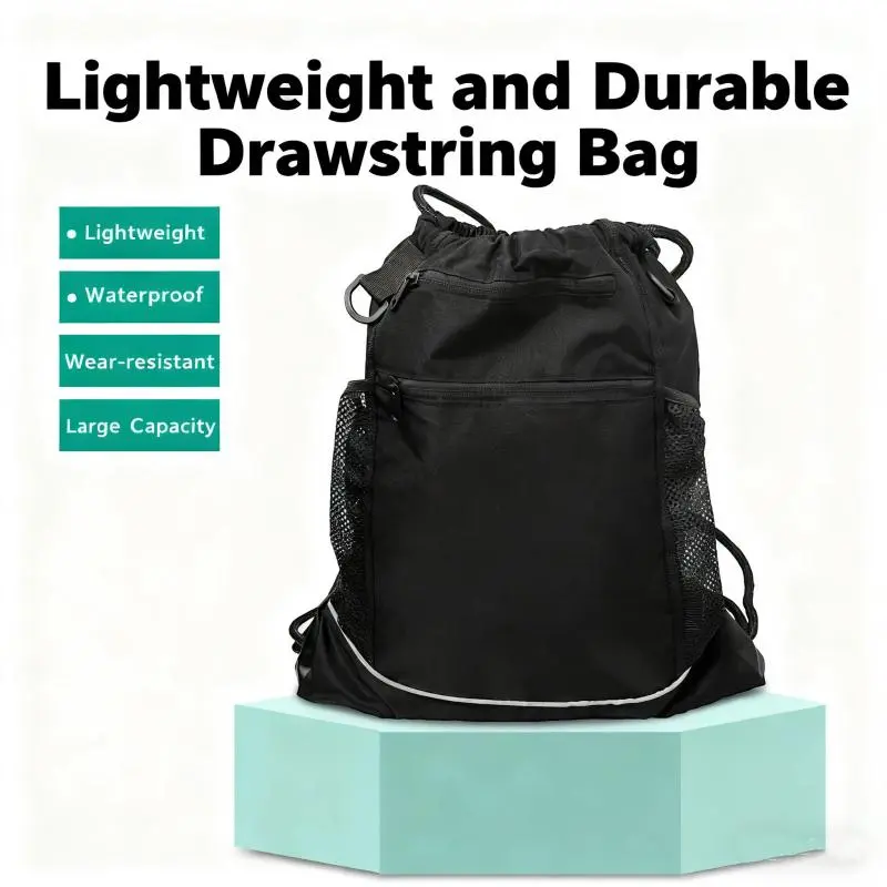 Jusenda Sporty Waterproof Drawstring Backpack, Outdoor Fitness Bag with Basketball Pouch for Gym, Hiking, and Travel