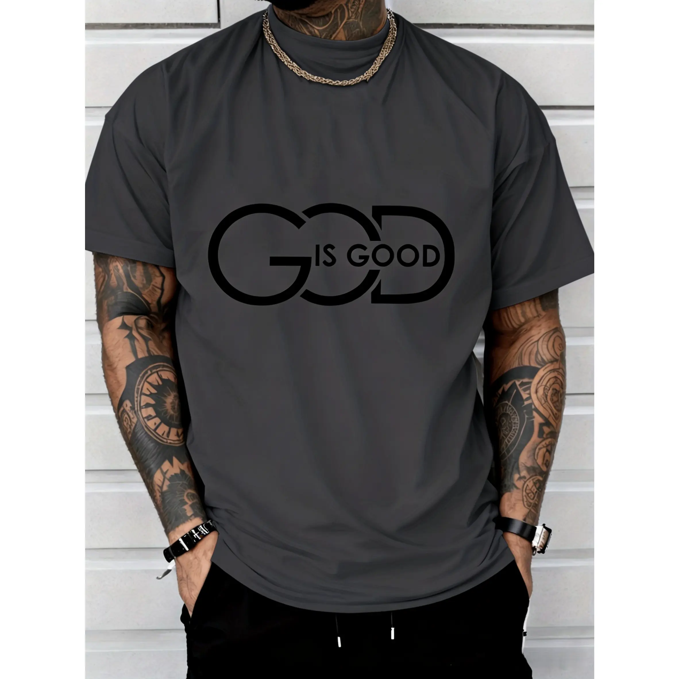 100% cotton men's casual patterned T-shirt, round neck design, printed with the phrase "God is good," perfect for street style fashion