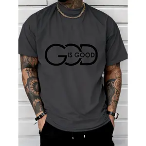 100% cotton men's casual patterned T-shirt, round neck design, printed with the phrase "God is good," perfect for street style fashion