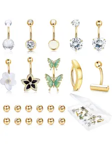 Shining 10 Pcs Colorful Diverse Piercing Jewelry Set 14G Clicker Copper Stainless Steel Belly Button Rings for Women Men Short Belly Piercing Jewelry Unique CZ Butterfly Flower Belly Button Rings