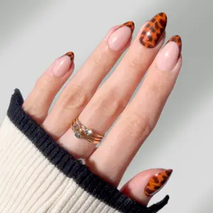 Tortie Tips Press-On Nails - Glossy Almond Shape French Tip Designs in Rich Brown & Amber Tones for Effortless Glam
