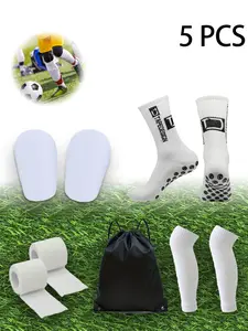 5 Piece Set New Football Equipment Sports Non Slip Socks, Sports Athletic Socks, Comfortable Breathable Elastic Sock Covers Calf Socks Compression Socks Drawstring Football Bag Sports Bandage Mini Shin Pads Football Accessories