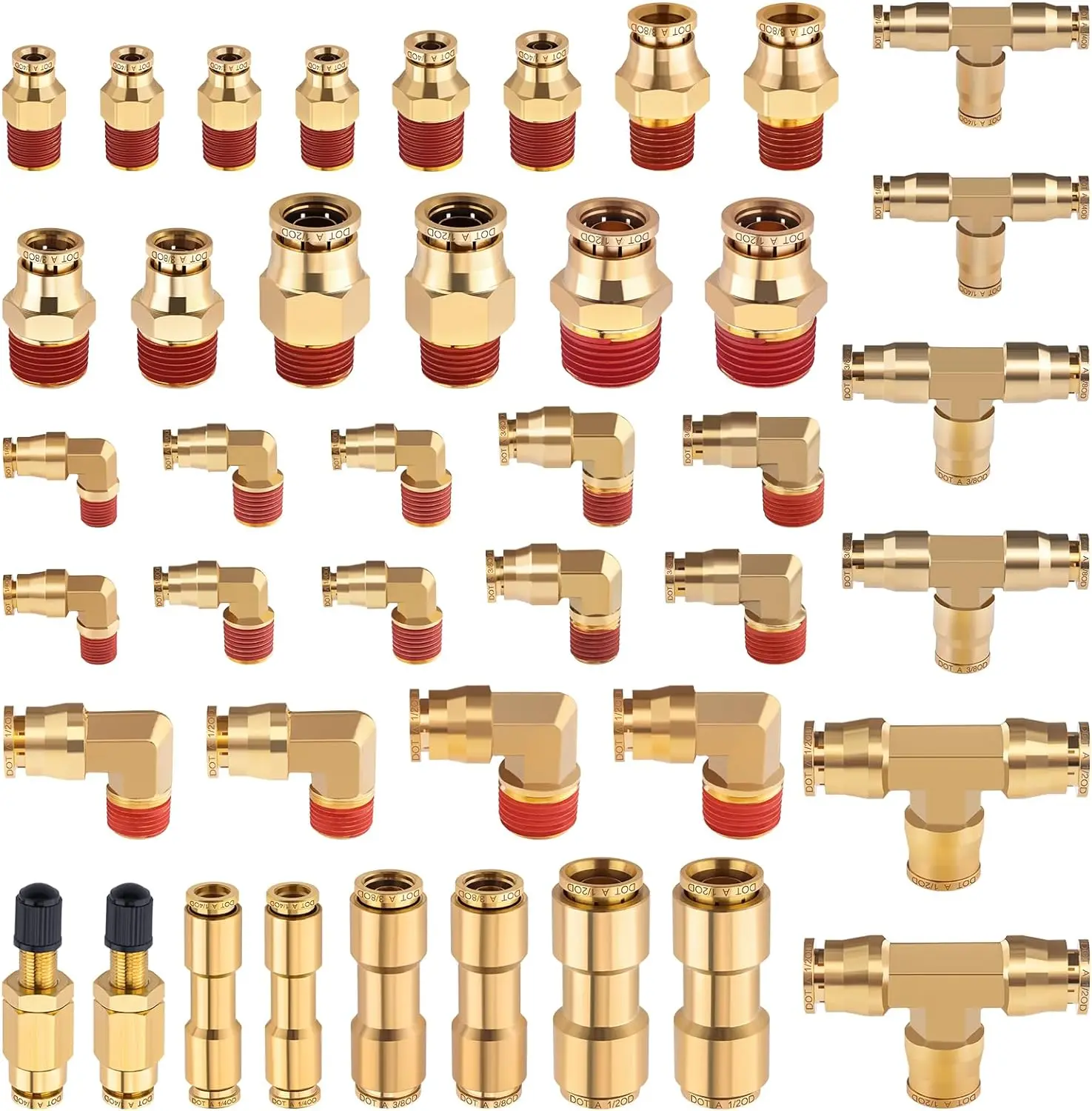 43 PCS Brass DOT Air Line Fittings 1/4" 3/8" 1/2" DOT Push Lock Air Fittings 100% Brass Quick Connect & NPT Thread Air Hose Fittings Repair Kit for Truck or Industrial Air System