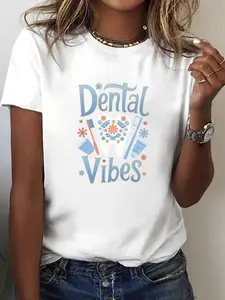 Women's Dental Vibes Tooth Print T-Shirt - Short Sleeve Crew Neck Casual Top with Medium Stretch, Machine Washable Comfortable Fit Tee Suitable for Summer & Spring, Dental Hygienist Gift, Playful Dental-Themed Apparel