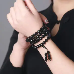 Buddhist 108 Mala Rosary Beads Crystal Bracelet, Rainbow Obsidian 8mm Gemstone Beaded Bracelet, Healing Meditation Calming Praying Necklace Bracelet