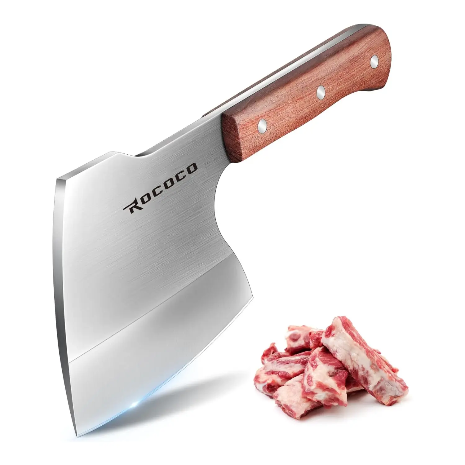 ROCOCO Meat Bone Cleaver Knife for Meat Cutting Heavy Duty Butcher Axes Hand Forged Full Tang Chopper for Kitchen Thanksgiving Christmas Gifts Idea Men Silver