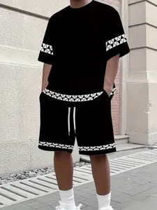 Men's Greek Pattern Suit Set, Short Sleeve & Shorts, Classic Vintage Style, Comfortable Skin-Friendly Fabric, All Seasons