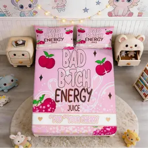 3 Pieces Bad Bitch Energy Juice Cherry Print Fitted Sheet Set, HD Digital Print Pink Aesthetic Bedding (No Pillow Inserts), 360° Elastic Deep Pocket, Soft Breathable Bed Sheet for Bedroom & Guest Room