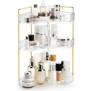 3 Tiers Corner Bathroom Counter Organizer, Clear Countertop Shelf Storage Rack,  Perfume Tray Standing Holder with  Metal Pole, Skincare Sink Organizer for Vanity Kitchen