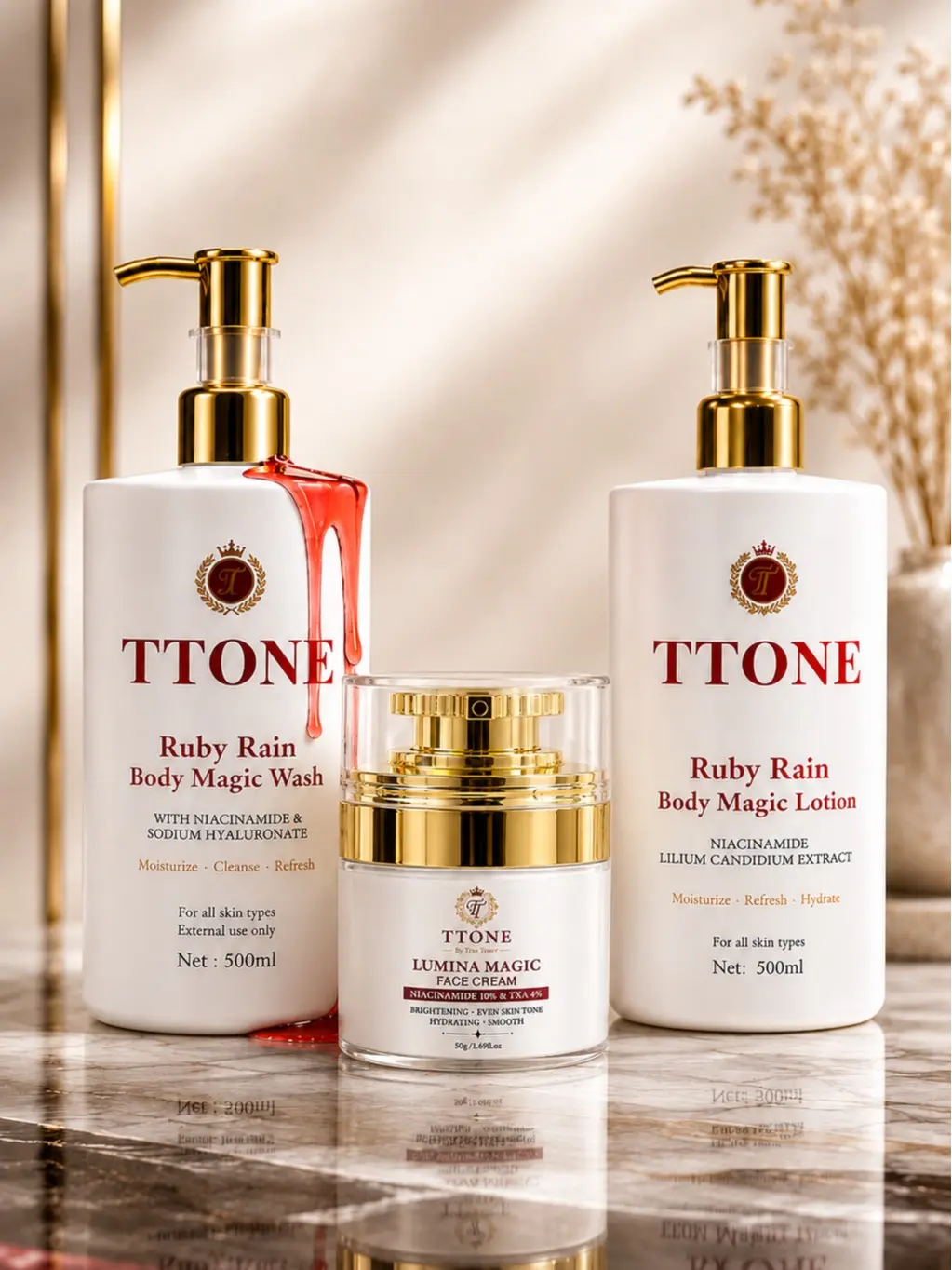 TTONE Ruby Rain Set of 3 - Lumina Cream, Body Wash, Body Lotion (Men, Women)