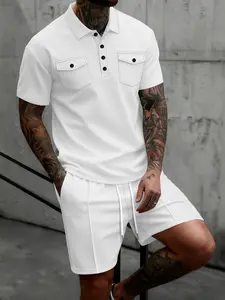 Men's 2-Piece Set, Button-Up Short Sleeve Polo Shirt + Drawstring Waist Shorts, Casual Summer Vacation Daily Wear