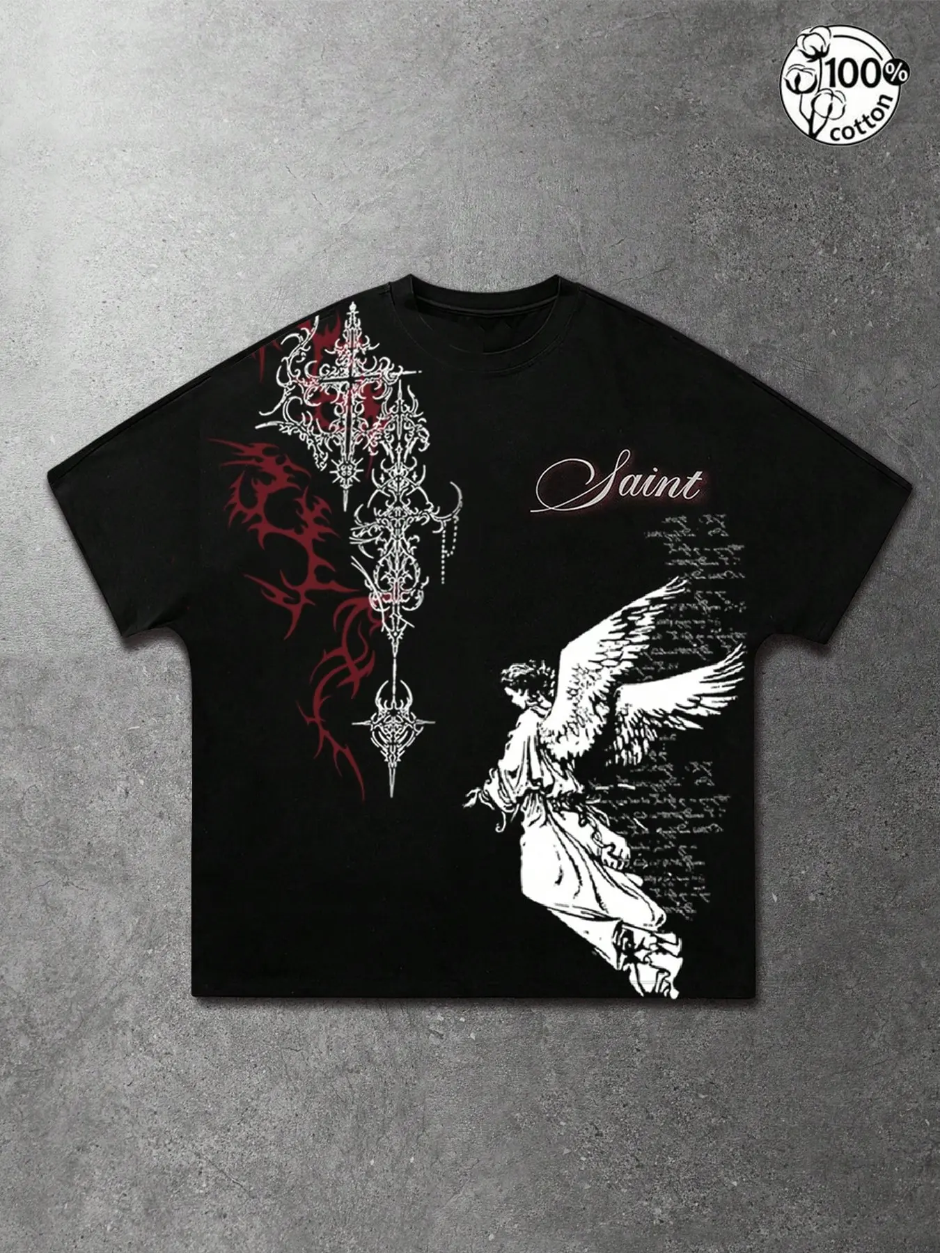 Unisex 100% Cotton "Saint" Angel Cross Thorn Print Oversized Casual T-Shirt | Y2K Gothic Religious High Street American Retro Streetwear Top
