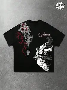 Unisex 100% Cotton "Saint" Angel Cross Thorn Print Oversized T-Shirt | Y2K Gothic Religious High Street American Retro Streetwear Top