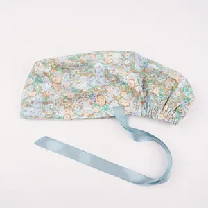 Spring Blue Brown Floral Cotton Hair Scrub Cap with Ribbon, Premium Soft Fabric, Perfect for Surgical, Medical, Vet