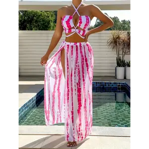 Three-Piece Set Featuring a Stylish Striped Bikini with Cross Straps And a Long Sheer Skirt for Music Festivals. spring outfits summer outfits