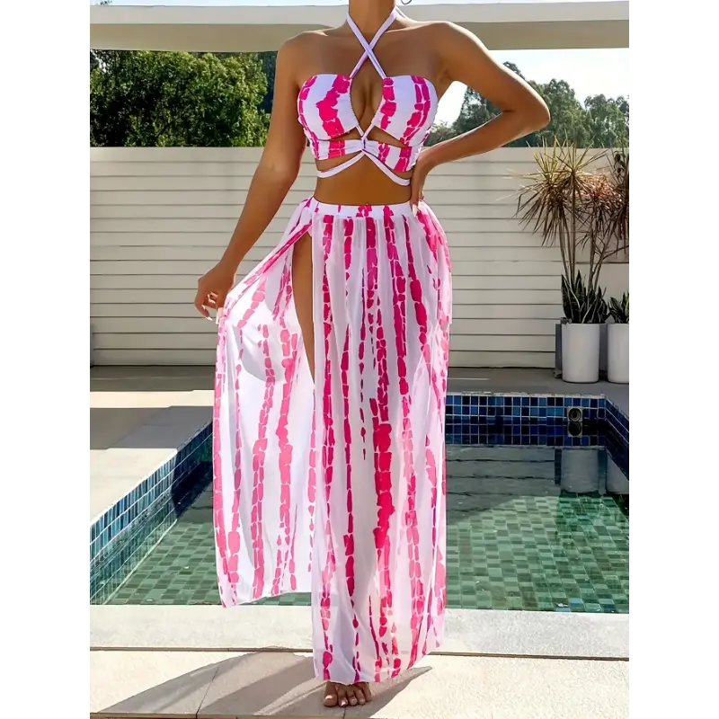 Three-Piece Set Featuring a Stylish Striped Bikini with Cross Straps And a Long Sheer Skirt for Music Festivals. spring outfits summer outfits