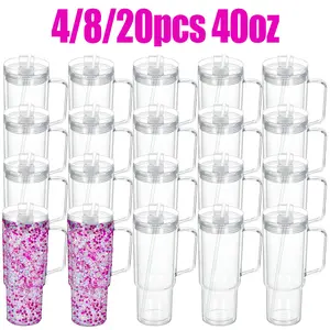 4/8/20pcs 40 Oz Double Wall Acrylic Clear Plastic Snow Globe Tumbler With Handle Lids Straws Silicone Stopper For DIY Glitter Snow Globes Pre Drilled Holes Transparent Drinkware Bottles