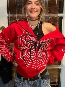 Women's Zipper Hoodie Jacket, Casual Fleece Warm Spider Web Print, Comfortable Outerwear for Ladies, Stylish and Cozy Design