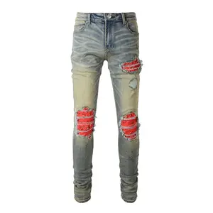 Men's Ripped Patchwork Jeans Distressed Skinny Fit Denim Pants Vintage Streetwear Style