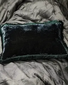 Silk Velvet Fringed Cushion in Maker Green