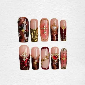 Long Square Press-On Nails Collection0PCS 100% Handmade | Blooming Gel Nail Uñas Acrílicas 3D Carved Patterns&bedazzled Kit Nail Inspo Black Girls