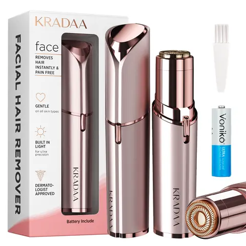 KRADAA Women's Cordless Facial Hair Remover - Gold Electric Shaver with LED Light, Waterproof, Hypoallergenic Stainless Steel Blades, Brow & Lip Safe, Disposable Battery, Cleaning Brush, Gentle on Sensitive Skin, Easily Removes Peach Fuzz From Face