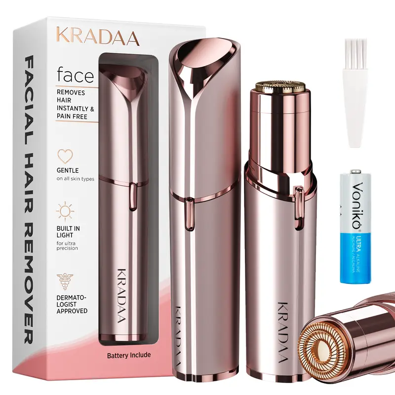 KRADAA Women's Cordless Facial Hair Remover - Gold Electric Shaver with LED Light, Waterproof, Hypoallergenic Stainless Steel Blades, Brow & Lip Safe, Disposable Battery, Cleaning Brush, Gentle on Sensitive Skin, Easily Removes Peach Fuzz From Face