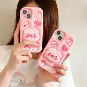 3D Cartoon Piggy Soft Silicone Case For iphone 16 15 14 Plus 13 12 Pro Max 11 X XS Max 7 8 Plus Cute Pop Holder Cover