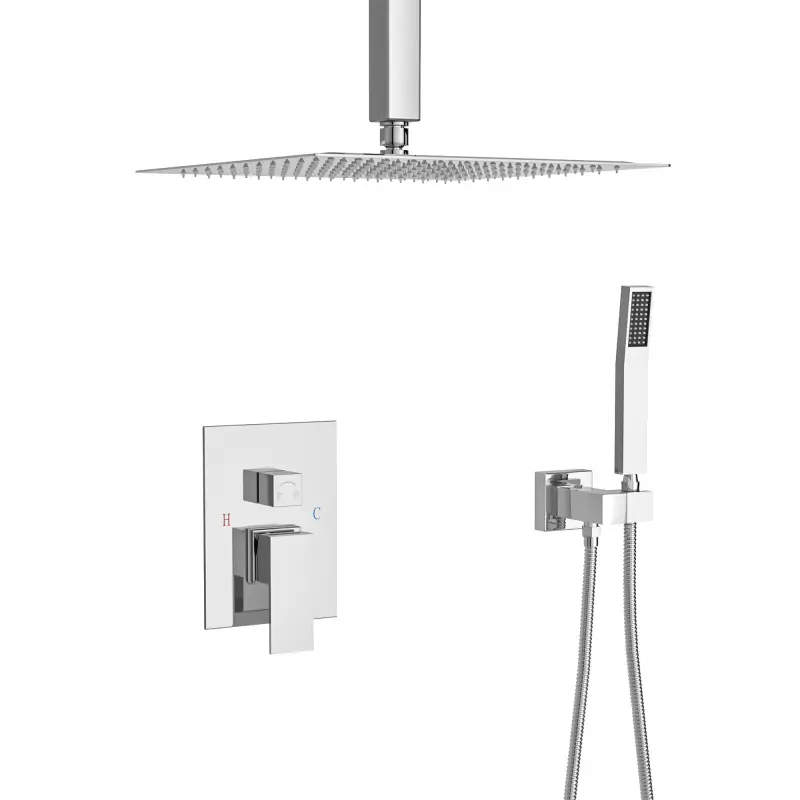 High-End Quality Square Shape 16in Ceiling Mount Dual Shower Heads with Rain Shower, Rough-In Base, Pre-Piped Kit, Chrome Finish, 16 Inch, Pressure-Balanced
