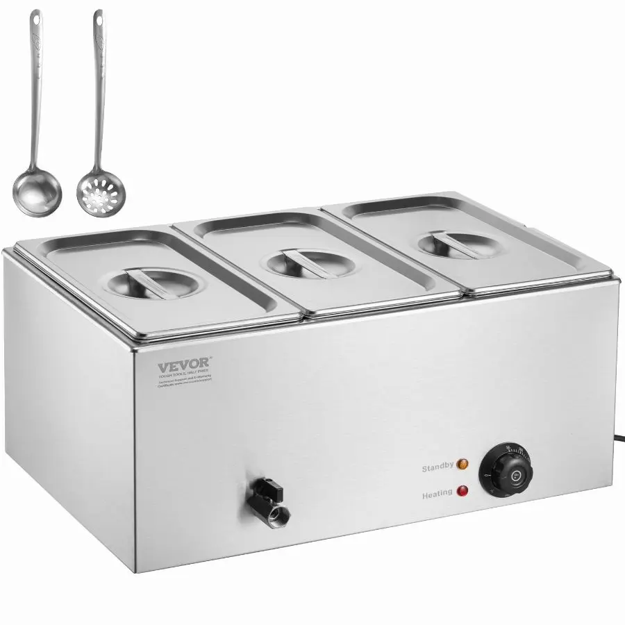 VEVOR 3-Pan Commercial Electric Steam Table, 1200W Stainless Steel Countertop Bain Marie with 3x1/3-Size Stainless Steel Pans, 17.4QT, 86-185F Temp Control for Catering, Silver