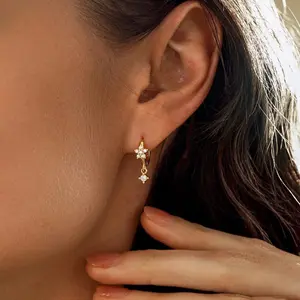 Dainty Diamond Flower Huggie Hoop Earrings Floral Dangle Earrings CZ Wedding Earrings Mom Gift