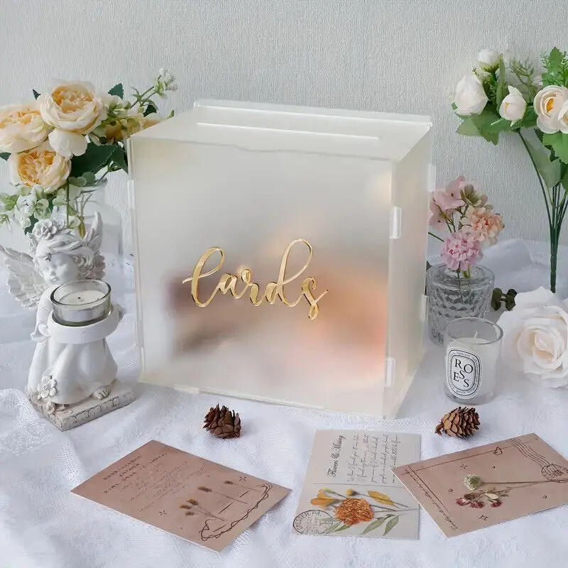 Eco-Friendly Acrylic Frosted Card Box - 3.6mm Thick, 10x10x10 inch, 6 Sides, Foldable, Golden Pattern, High-End, Surface Protective Film, Elegant Font Home Organizer Storage Bin for Weddings, 21st Birthdays, Anniversaries