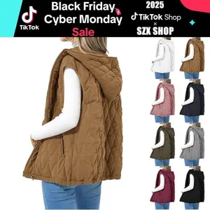 Womens Puffer Vest Casual Sleeveless Hooded Zip Up Jacket Quilted Winter Coat Stand Collar Gilet Jacket with Pockets