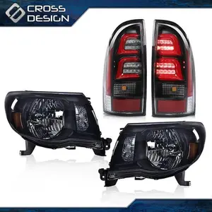 CROSSDESIGN Fit For 05-11 Toyota Tacoma Smoke/Black Headlights & 3D LED Tube Bar Tail Lights