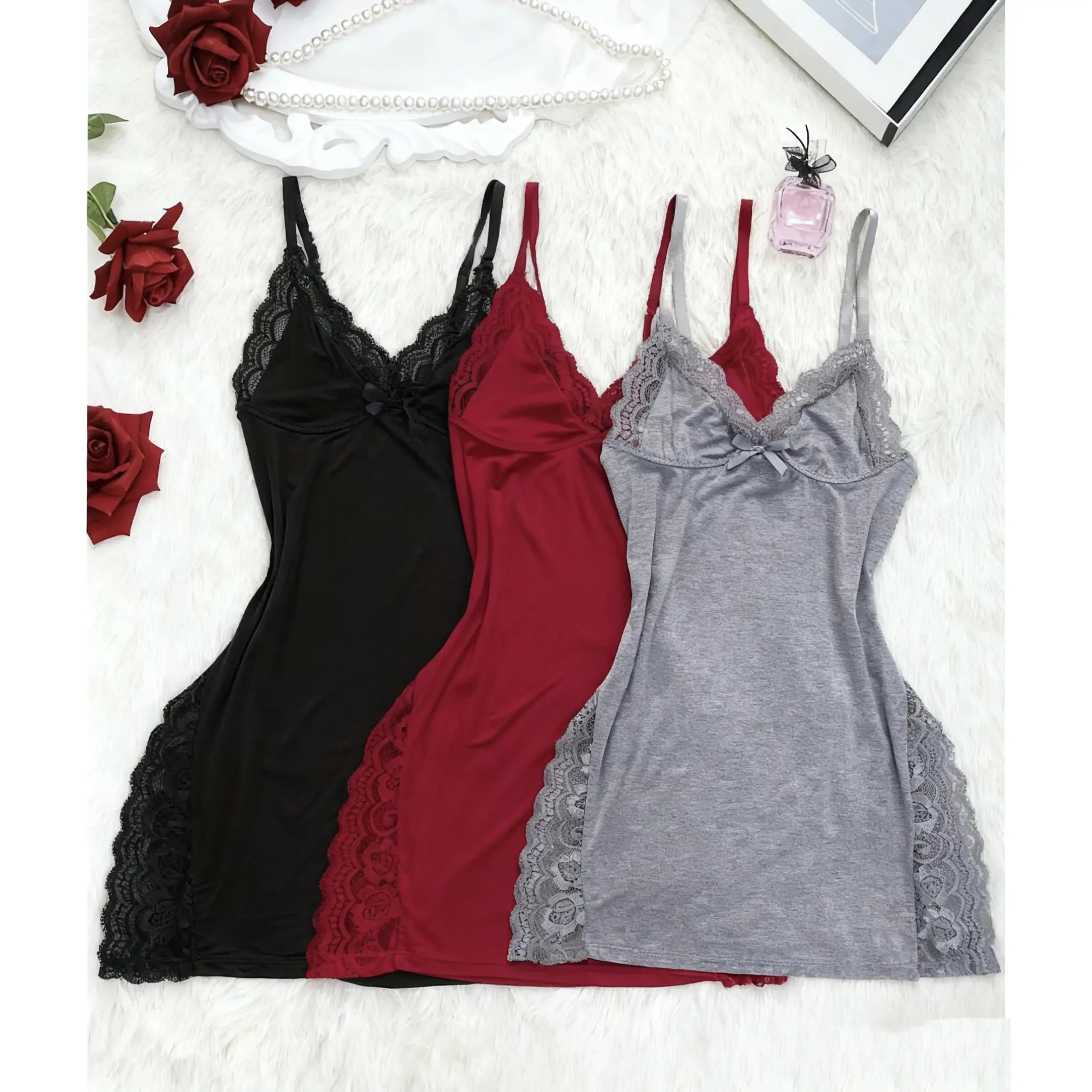 silky sexy lingerie 2PCS Lingerie Set Woman sexy Lingerie Silky Spaghetti Straps Dress with  Thongs