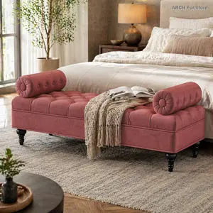 ARCH Modern Bedroom Bench,Bench for End of Bed,Velvet Upholstered Bench with 2 Detachable Pillows,Comfy Upholstered Footstool,Ottoman  for Bedroom,Living Room, Entryway,Pink, Tufted, Foot Rest Stool, Ottoman Set