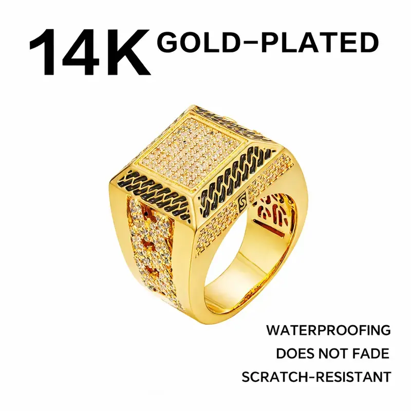 14K Gold Plated Cuban Link Square CZ Ring,Iced Out Pave Simulated Diamond Statement Ring, Hypoallergenic Waterproof Scratch-Resistant Geometric,Hip Hop Streetwear Party Men's Jewelry, Mothers Gift, Stackable Sizes 9-12, Engagement Wedding Anniversary
